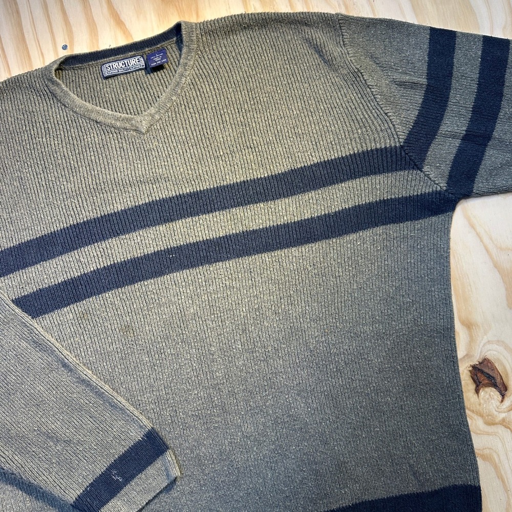Structure Mens Large Olive Green Navy Blue Striped V-Neck Ribbed Knit Sweater